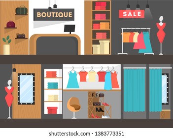 Clothing store interior banner. Fitting room and dress. Modern boutique with nobody inside. Trendy accessories. Vector illustration in cartoon style