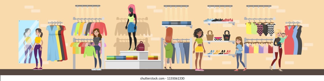 Clothing store interior with clients. Clothes for women. Shelves with dresses, shoes, mirrors and mannequin. Vector flat illustration