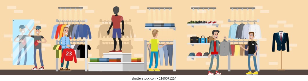 Clothing store interior with clients. Clothes for men. Shelves with dresses, shoes, mirrors and mannequin. Vector flat illustration