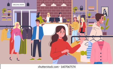 Clothing store interior. Clothes for men and women. Counter, fitting rooms and shelves with dresses. People buy and try new clothes in showroom. Vector flat illustration