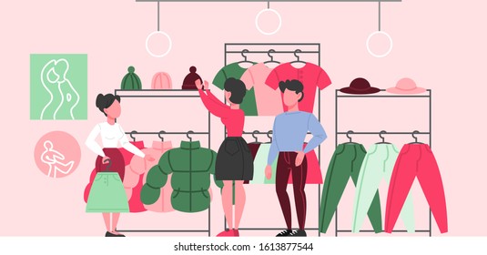 Clothing store interior. Clothes for men and women. Man and woman buy new clothes. Woman choosing clothes in the clothing store. Vector flat illustration