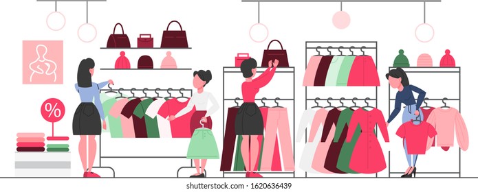 Clothing store interior. Clothes for men and women. Female charachter buying new clothes. Woman choosing clothes in the clothing store. Vector flat illustration