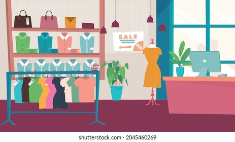 Clothing store interior concept in flat cartoon design. Shop with assortment of dresses on hangers, shirts and clothes, bags and accessories, cash checkout. Vector illustration horizontal background