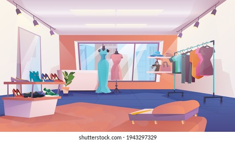 Clothing store interior landing page in flat cartoon style. Female fashion shop, dresses hang on hangers, mannequins in outfits, shelves with shoes and bags. Vector illustration of web background