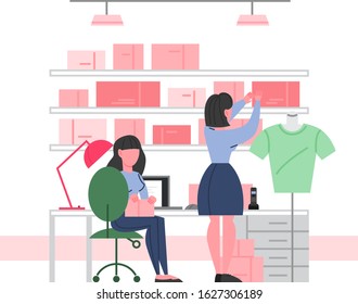 Clothing Store Interior. Utility Room In A Fashion Boutique. Clothes For Men And Women. Clothing Shop Staff. Vector Illustration In Flat Style.