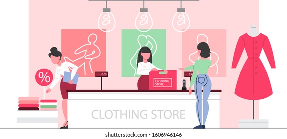 Clothing store interior. Woman standing at the counter in the clothing store and bying clothes. Beautiful cashier in fashion boutique. Vector illustration in flat style.