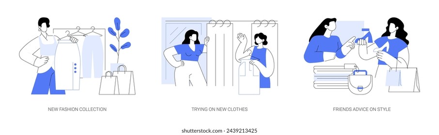 In a clothing store isolated cartoon vector illustrations set. Selecting clothes from new collection in shopping mall, girl trying on dresses, asking friends advice on new shoes vector cartoon.