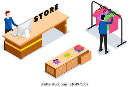 Clothing store isometric with buyer. Man chooses T-shirt in boutique. Cashpoint, cashier makes payment, work in store. Selling clothing items in supermarket, shopping, sales vector illustration