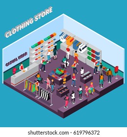 Clothing store isometric composition with customers shelves with goods racks with dresses mannequins in apparel vector illustration