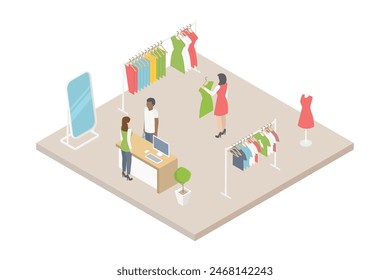 Bekleidungsgeschäft isometrisches Interieur mit Shop-Assistenten helfen Kunden, Kleidung und Schuhe 3D-Vektorillustration zu wählen.