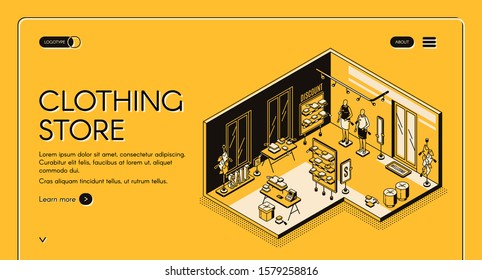 Clothing store isometric landing page. Empty shop interior with goods on shelves, cashier desk, sale and discount signboards, mannequins with dress samples, 3d vector line art illustration, web banner