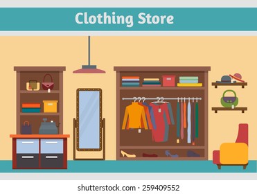 Clothing store. Man and woman clothes shop and boutique. Shopping, fashion, bags, accessories. Flat style vector illustration.