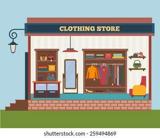 Clothing store. Man and woman clothes shop and boutique. Shopping, fashion, bags, accessories. Flat style vector illustration.