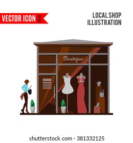 Clothing store. Man and woman clothes shop and boutique. Shopping, fashion, bags, accessories. Flat style vector illustration. Modern stylish boutique. Woman silhouette in the show window. Vector