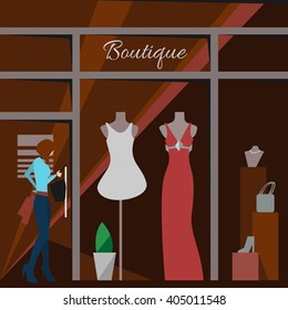 Clothing store. Man and woman clothes shop and boutique. Shopping, fashion, bags, accessories. Flat style vector illustration. Modern stylish outlet. Woman silhouette in the show window. Vector