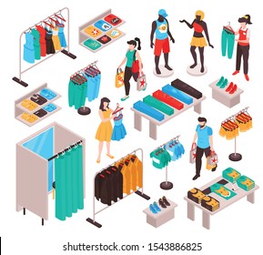 Clothing store sale display stands customers shopping choosing pants dress fitting room isometric elements set vector illustration 