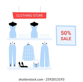 Clothing Store With Sale Promotion In Flat Vector Illustration Symbolizing Fashion Retail, Discounts, And Consumer Shopping, Isolated On White Background