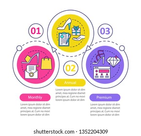 Clothing store sales vector infographic template. Shopping. Monthly, annual, premium tariff plans. Data visualization with three steps and options. Process timeline chart. Workflow layout with icons