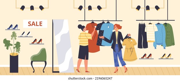 Clothing store scene, woman shopping with personal stylist, flat vector illustration. Character buying new clothes during sale with help of shop assistant.