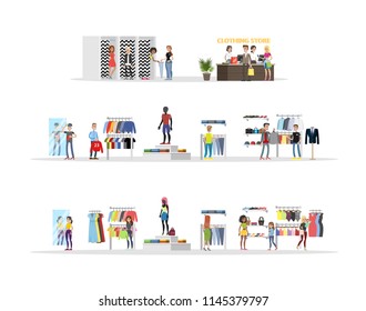 Clothing store set. Clothes for men and women. Counter, fitting rooms and shelves with dresses. Vector flat illustration