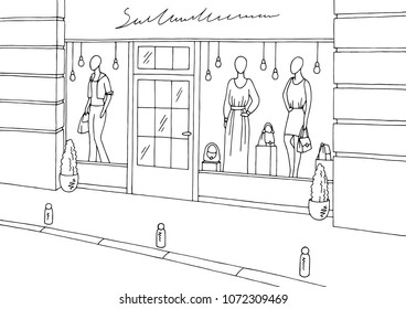 Clothing store shop exterior graphic black white boutique sketch illustration vector