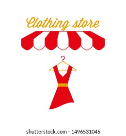 Clothing Store Sign, Emblem. Red and White Striped Awning Tent. Dress Icon. Gold and Red Colors. Flat Vector Illustration.