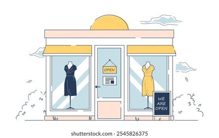 Tienda de ropa en la calle. Vestido amarillo y negro sobre maniquíes en vendedor. Boutique de moda. Moda, tendencia y estilo. Prendas de vestir. Ilustración vectorial lineal aislada sobre fondo blanco