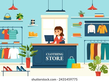 Ilustración vectorial de la tienda de ropa por la compra de ropa o vestidos para los estilos de moda mujeres o hombres en diseño plano de fondo de dibujos animados