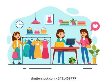 Clothing Store Vector Illustration by Shopping for Clothes or Dresses for Fashion Styles Women or Men in Flat Cartoon Background Design