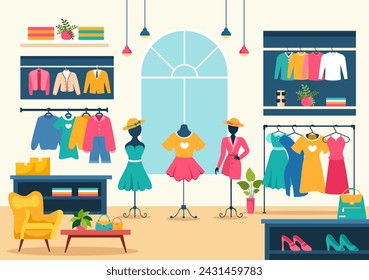 Clothing Store Vector Illustration by Shopping for Clothes or Dresses for Fashion Styles Women or Men in Flat Cartoon Background Design