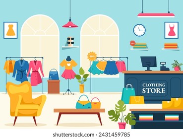 Ilustración vectorial de la tienda de ropa por la compra de ropa o vestidos para los estilos de moda mujeres o hombres en diseño plano de fondo de dibujos animados
