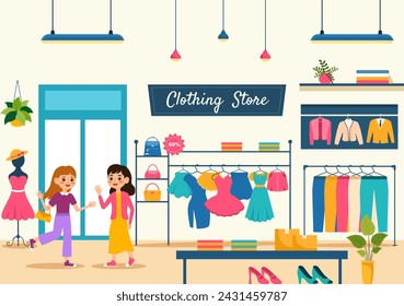 Clothing Store Vector Illustration by Shopping for Clothes or Dresses for Fashion Styles Women or Men in Flat Cartoon Background Design