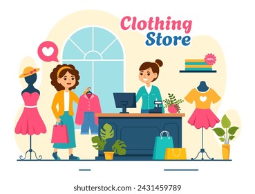 Ilustración vectorial de la tienda de ropa por la compra de ropa o vestidos para los estilos de moda mujeres o hombres en diseño plano de fondo de dibujos animados