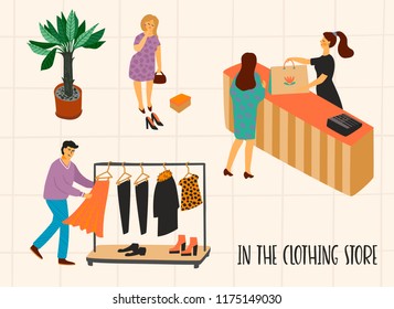 Clothing store. Vectpr illustration with characters. Design elements