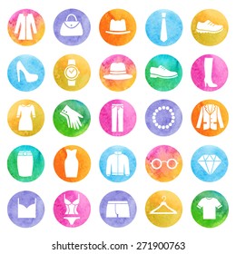 Clothing Store Watercolor Icons. Vector