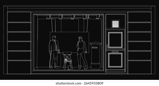 Uma vitrine de loja de roupas com dois manequins, ilustrados em uma arte em linha branca sobre um fundo preto. O desenho vetor minimalista apresenta uma cadeira e lixo no primeiro plano