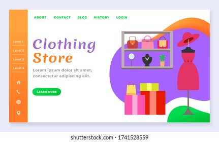 Clothing store for woman with handbag and dress on dummy, jewelry accessories on shelf. Web fashion boutique online for purchasing. Website or webpage template, landing page flat style vector