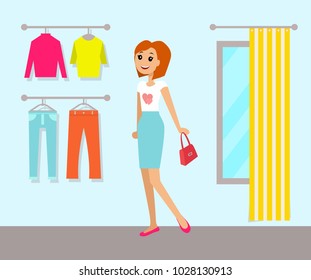 Clothing store and woman poster with clothing store interior clothes and changing room with curtains and mirror, lady with handbag vector illustration