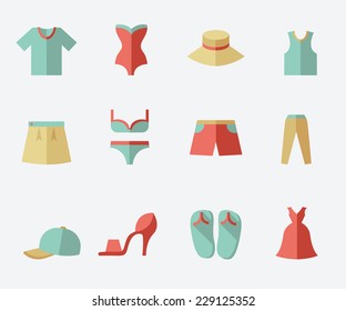 Clothing for summer season, flat icon set, light background