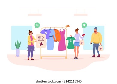 Clothing Sustainable Fashion. Eco Friendly Technologies Retail Fashionable Product, Ethical Bright Scene Buy Recycling Textile Technology, Vector Illustration Sustainable Eco Clothing