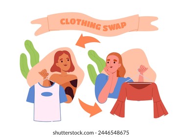 Concepto de intercambio de ropa. Mujeres con ropa. Venta de garaje para vecinos. Camiseta blanca y blusa roja en las perchas. Moda, tendencia y estilo. Ilustración vectorial plana de dibujos animados aislada sobre fondo blanco