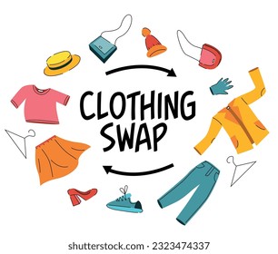 Clothing swap elements. Clothes and shoes for exchange. Eco-friendly, Reduce waste. Black lettering isolated on white background. Clothing donation, Sustainable fashion.