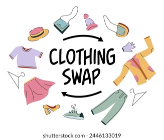 Clothing swap elements. Clothes and shoes for exchange. Eco-friendly, Reduce waste. Black lettering isolated on white background. Clothing donation, Sustainable fashion. Pastel colours illustration.