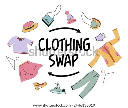 Clothing swap elements. Clothes and shoes for exchange. Eco-friendly, Reduce waste. Black lettering isolated on white background. Clothing donation, Sustainable fashion. Pastel colours illustration.