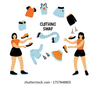  Clothing swap. Hand drawn lettering and vector illustration isolated on white background. Friends exchange their clothes and shoes.