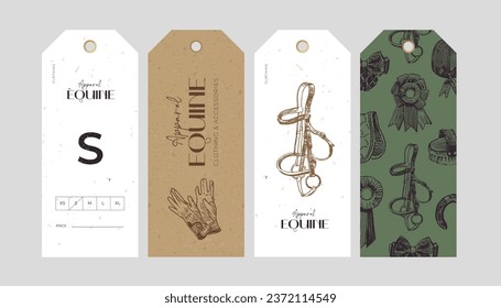 Clothing tags design, equestrian shop product, hand drawn horse tack and harness, horseback riding accessories, classical vintage style illustrations