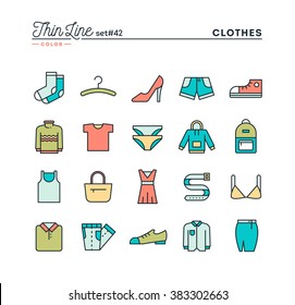 Clothing, thin line color icons set, vector illustration