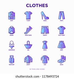 Clothing thin line icons set: shirt, shoes, pants, hoodie, sneakers, shorts, underwear, dress, skirt, jacket, coat, socks. Modern vector illustration.