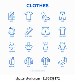 Clothing thin line icons set: shirt, shoes, pants, hoodie, sneakers, shorts, underwear, dress, skirt, jacket, coat, socks. Modern vector illustration.