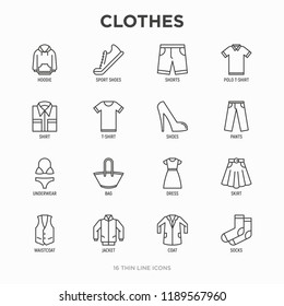 Clothing thin line icons set: shirt, shoes, pants, hoodie, sneakers, shorts, underwear, dress, skirt, jacket, coat, socks. Modern vector illustration.